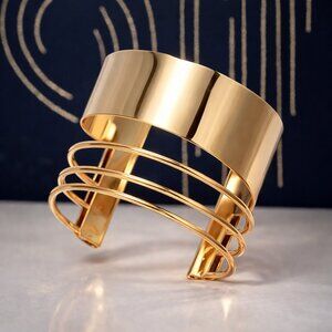 Gold Plated Wide Cuff Bracelet Statement Bangle Open Wire Design Adjustable
